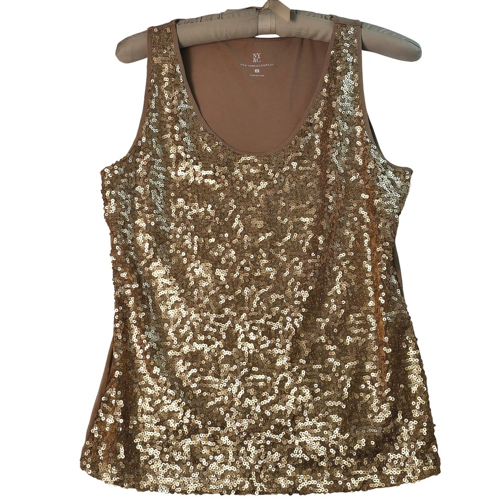 New York & Company Gold Sequin Tank Top Womens Med Sleeveless Scoop Neck Party